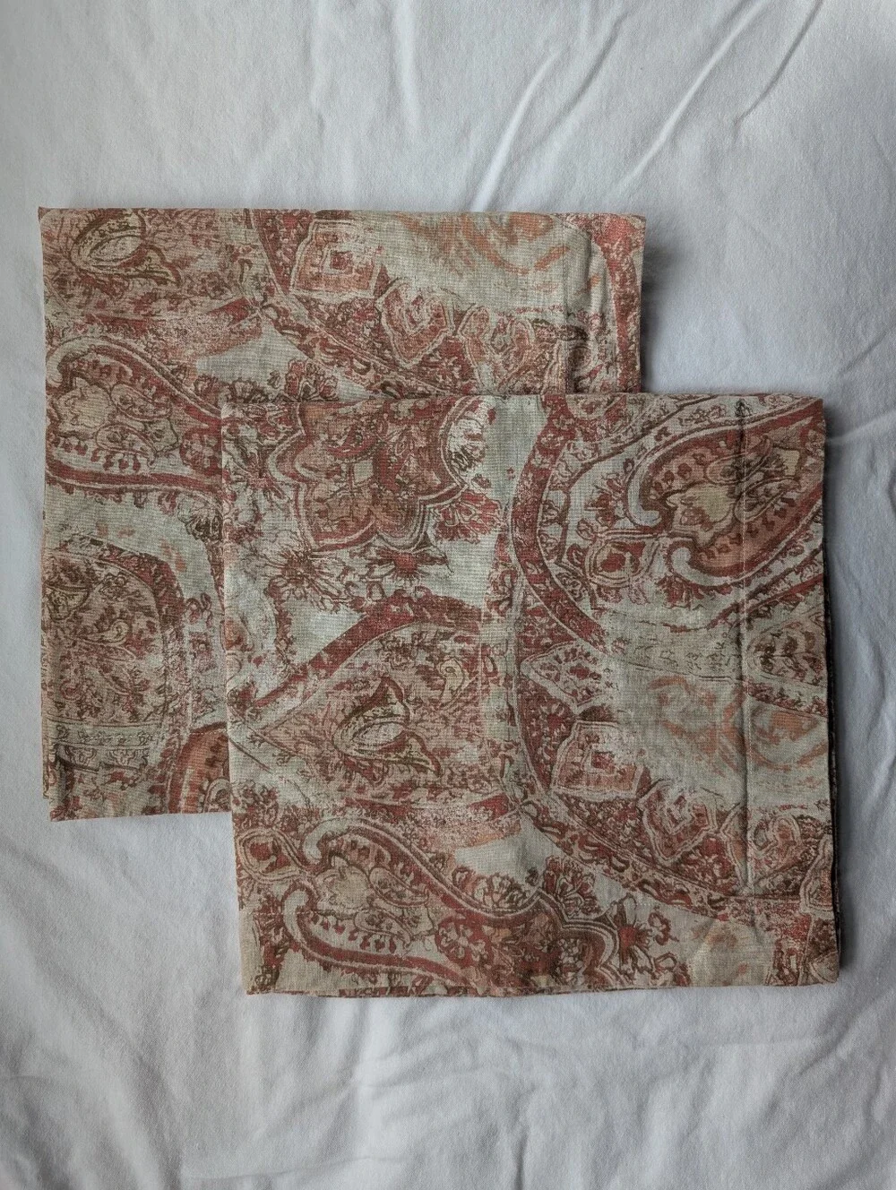 Pottery Barn Paisley Linen Blend Brown Cream Euro Pillow Covers - 2